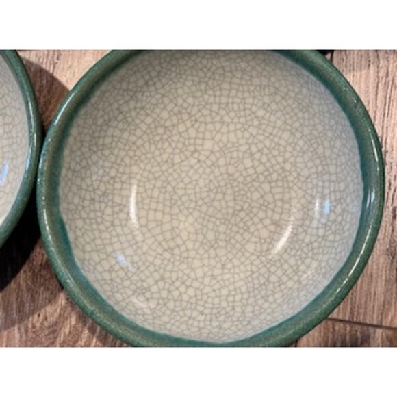 Pier 1 Crackle Collection Distressed Coupe Cereal Bowl Pottery Green Tan 6.75" - Picture 8 of 12